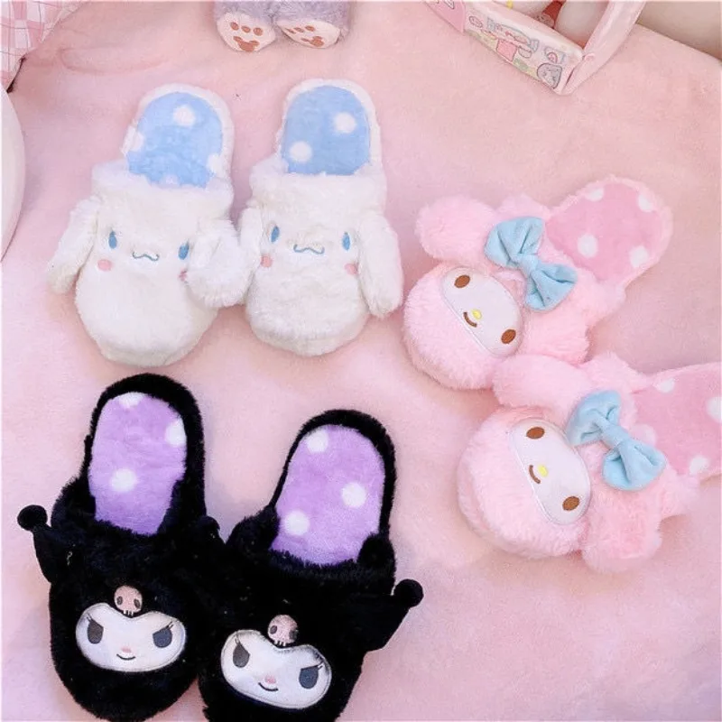 

Sanrio Girls Cute Cartoon Innovation Kuromi My Melody Plush Slippers Home Indoor Ladies Casual Flat Bottom Comfortable Warm Gift