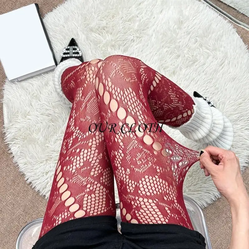 Calça meia -calça pesca feminina Rose Rose Floral Lace para festa e festival Wear Y1AC