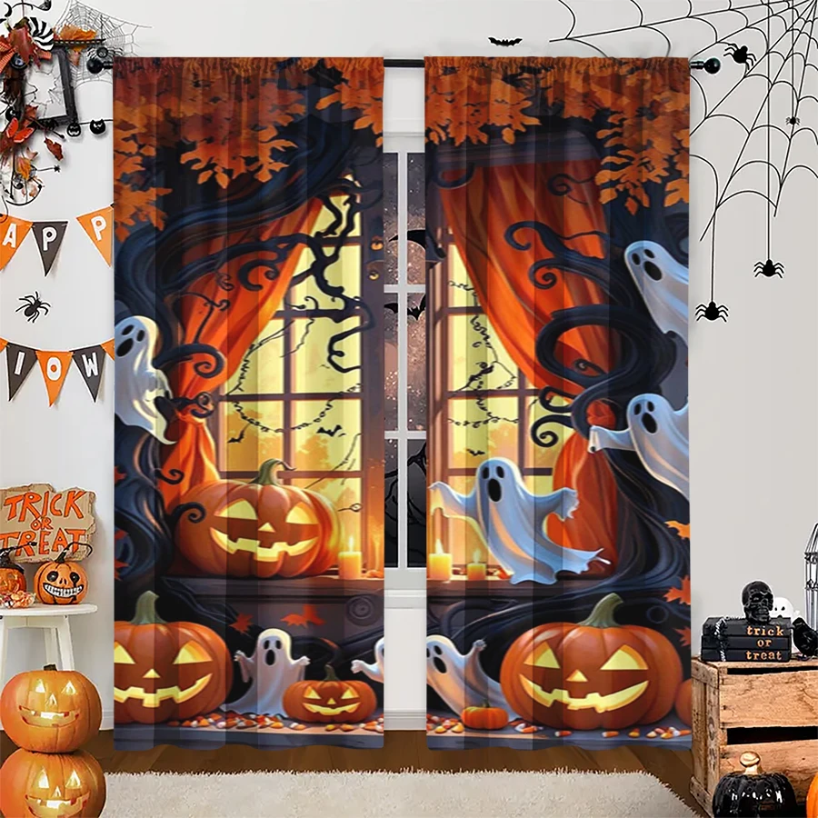 2PCS Digital Print Curtain, Haunted Window Ghost Pumpkin Candle Branch, Halloween Spooky Gothic for Bedroom Living Room