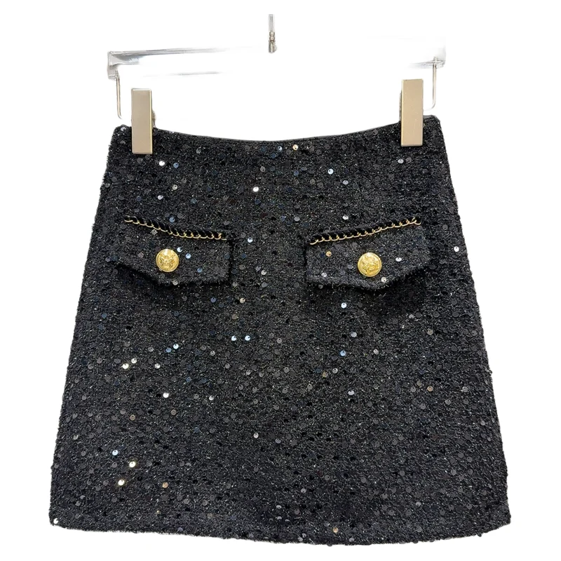 Mini jupe en tweed avec perles en métal pour femmes, jupe courte en forme de A, optique, célébrité, tempérament, nouveau, automne, hiver