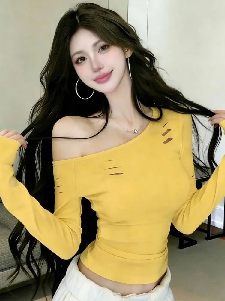 Slim Fit Long Sleeve T-Shirt Women's Spring Summer New Style Sexy Hole Design Cross Neck Short Top Pure Desire Fashion