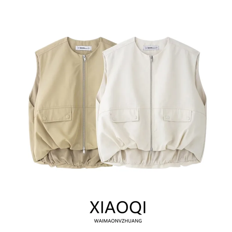 

Spring 2025 Women's Faion Versatile Cotton Knitted Loose round Ne Vest 058062 All-Match Sle Zipper Closure Casual Wear