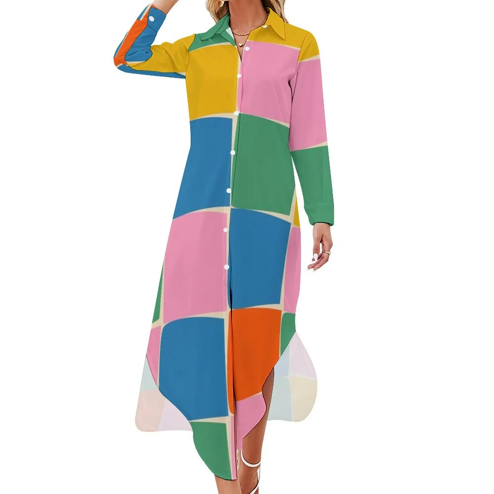 

Flux Modern Check Colourful Grid Pattern in Rainbow Pop Colours Long Sleeved Shirt Dress dress Women's clothing