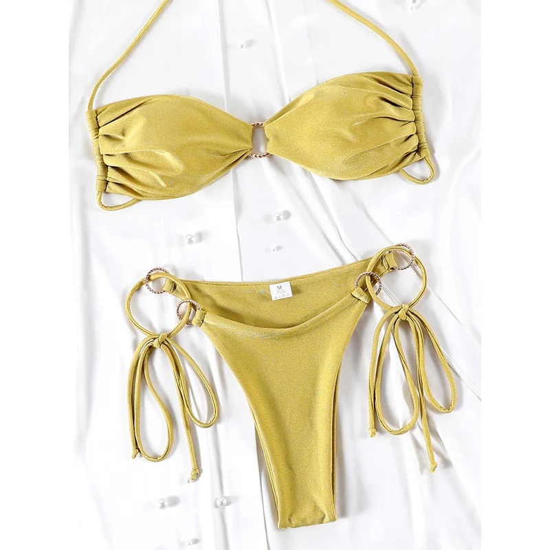 

2026 Halter Swimsuit Green Bikinis High Cut Bikini String Swimwear Bandage Swimsuits Vacation Bathing Suit Two-Piece Beachwear