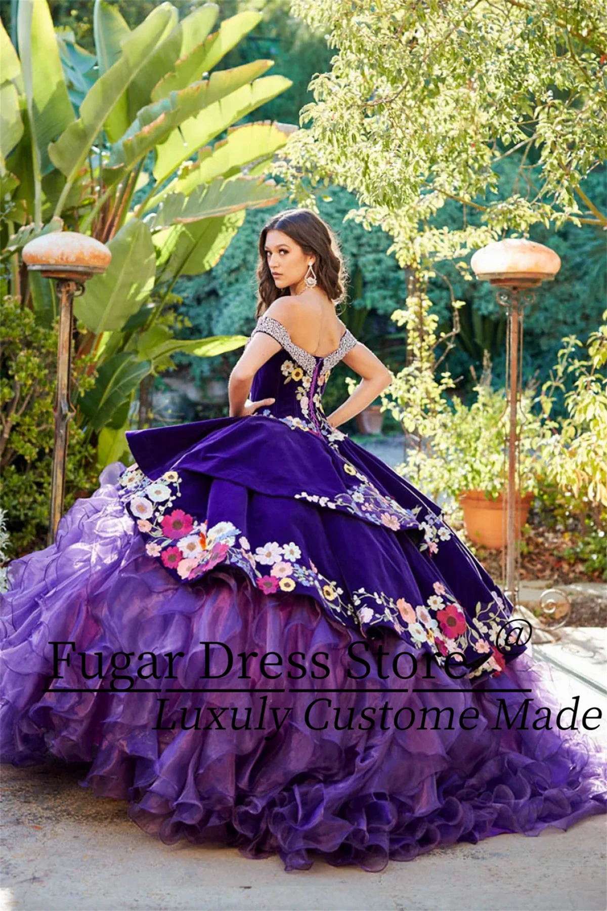 

Purple Beautiful multi-color printed Chala Quinceanera Dress Off Shoulder Collar seed embroidery Sweet 16 Vestidos De 15 Anos