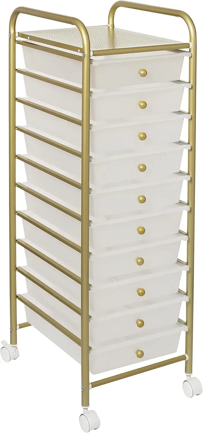 10-Drawer Metal Rolling Storage Cart, Gold CRT-08896 White