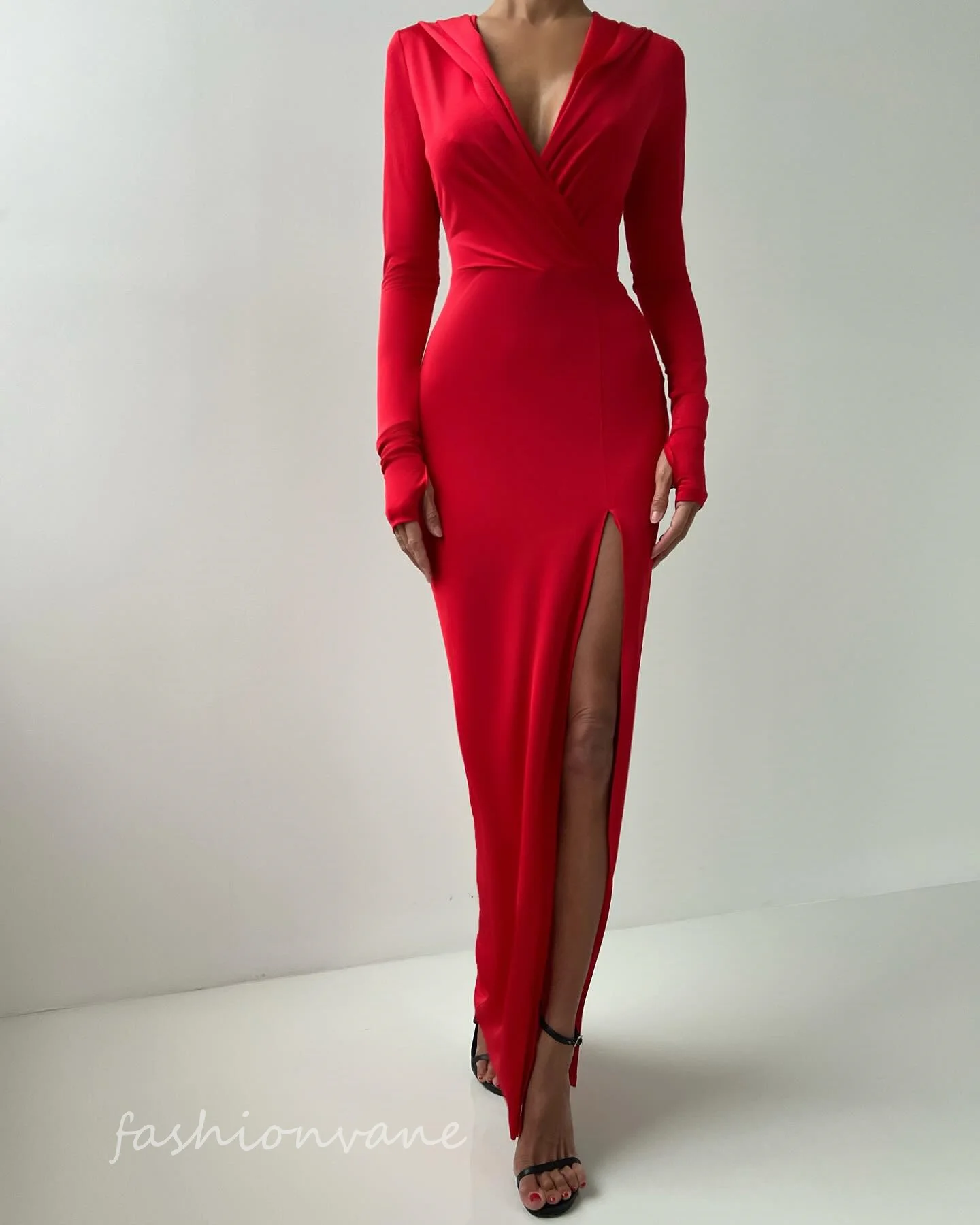 

Fashionvane Red Christmas Dress Long Sleeve Hooded dress V Neck Prom Dress Wedding Evening Party Dress Special Occasions Dress