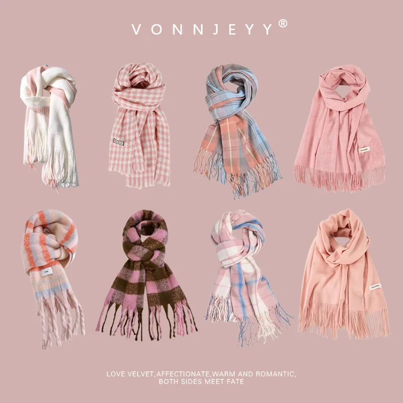 Winter dopamine-pink fashion everything scarf warm shawl high sense neckline