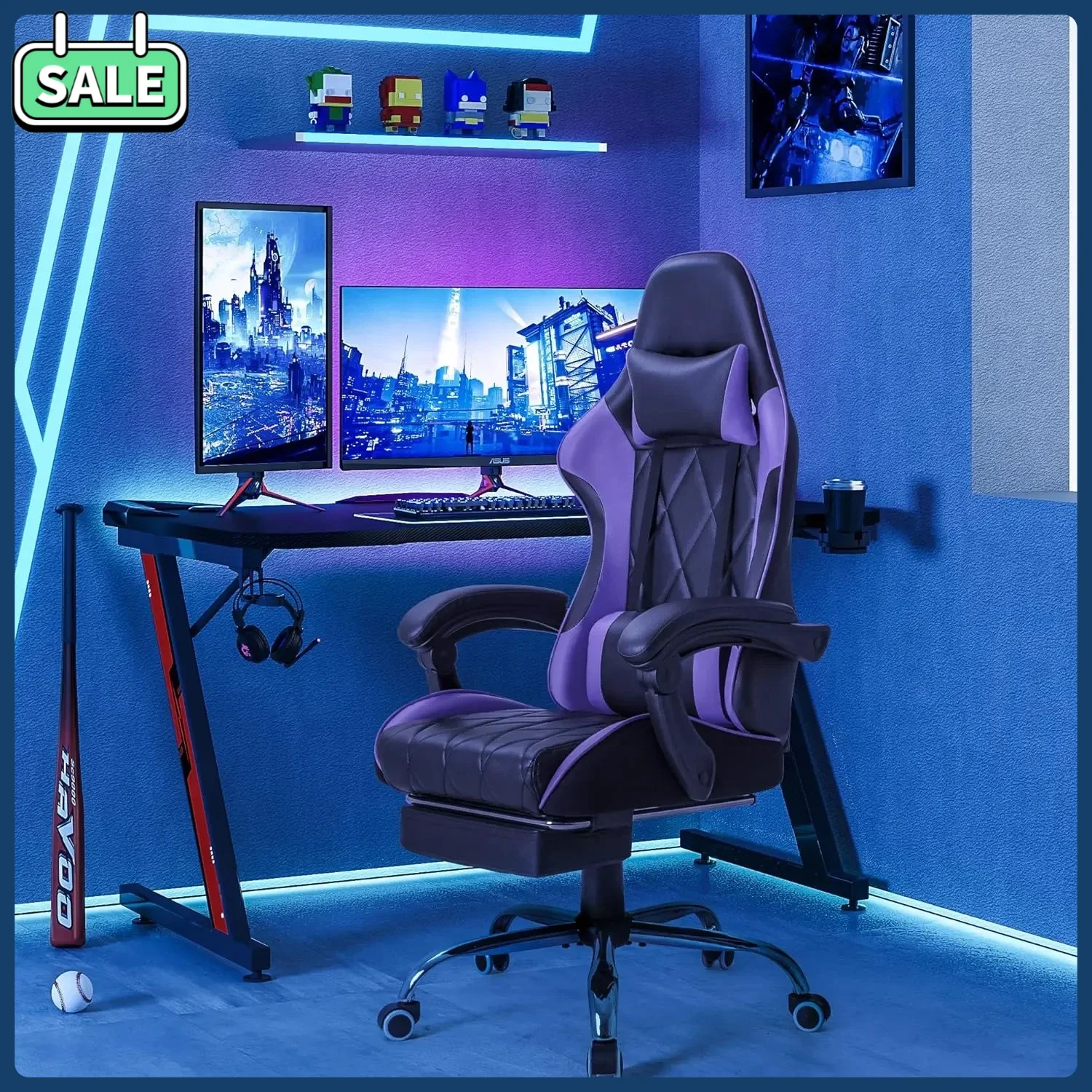 

Эргономичное игровое кресло с высокой спинкой, подставкой для ног и массажной поясничной поддержкой для компьютерного стола для видеоигр