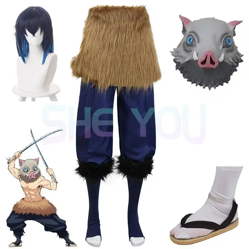 Anime Cosplay Hashibira Inosuke Costume Pig Silicone Mask Wig Black Geta Sandals Clogs Socks