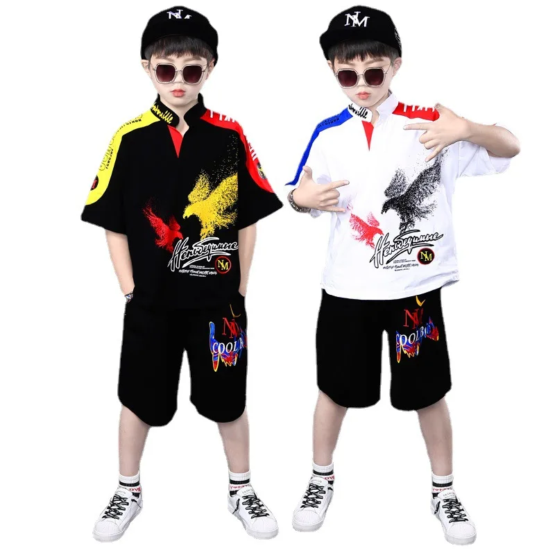 

New Fashion Teenage Clothing Set for Kids Boys Cotton Mandarin Collar Shirts and Shorts Children Cartoon Sportswear 4 8 12 Years