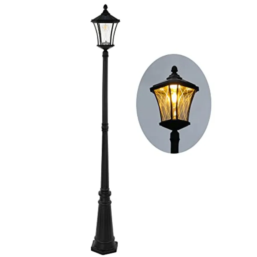 

Outdoor Solar Lamp Post Light Dusk to Dawn Waterproof Pole Light with Patterned Glass Exterior Vintage Black Solar Powered Stre