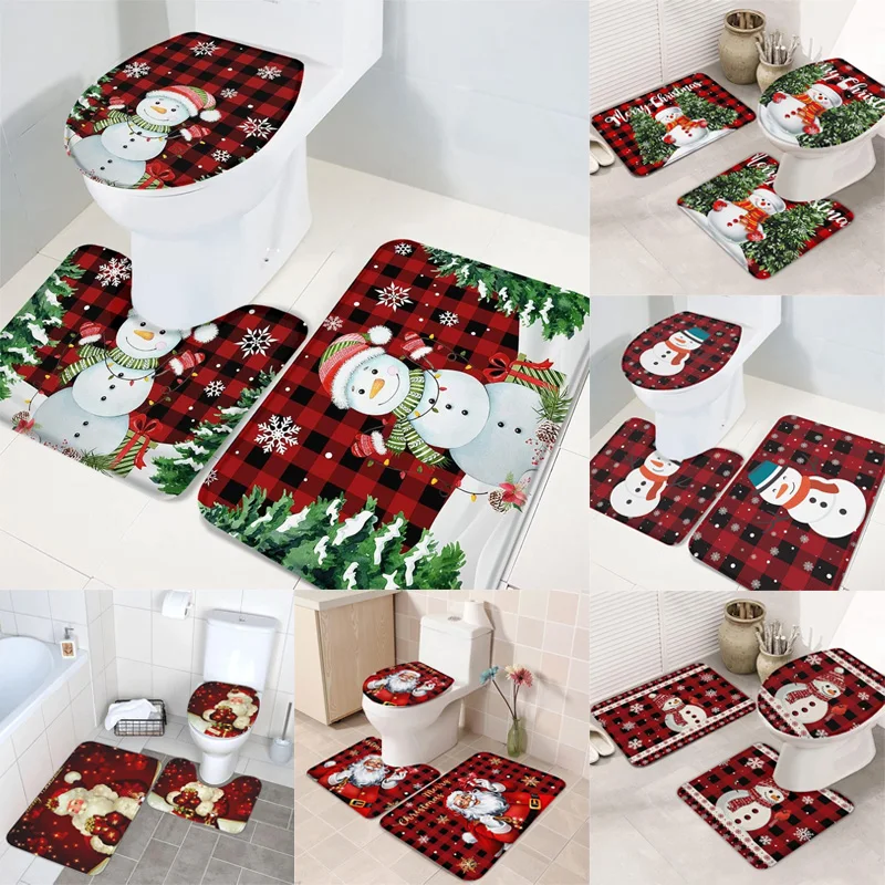 

3PCS/set Christmas Bath Mat Set Cute Snowman Santa Claus Red Xmas Trees Carpet Home Decor Bathroom Floor Rug Toilet Lid Cover