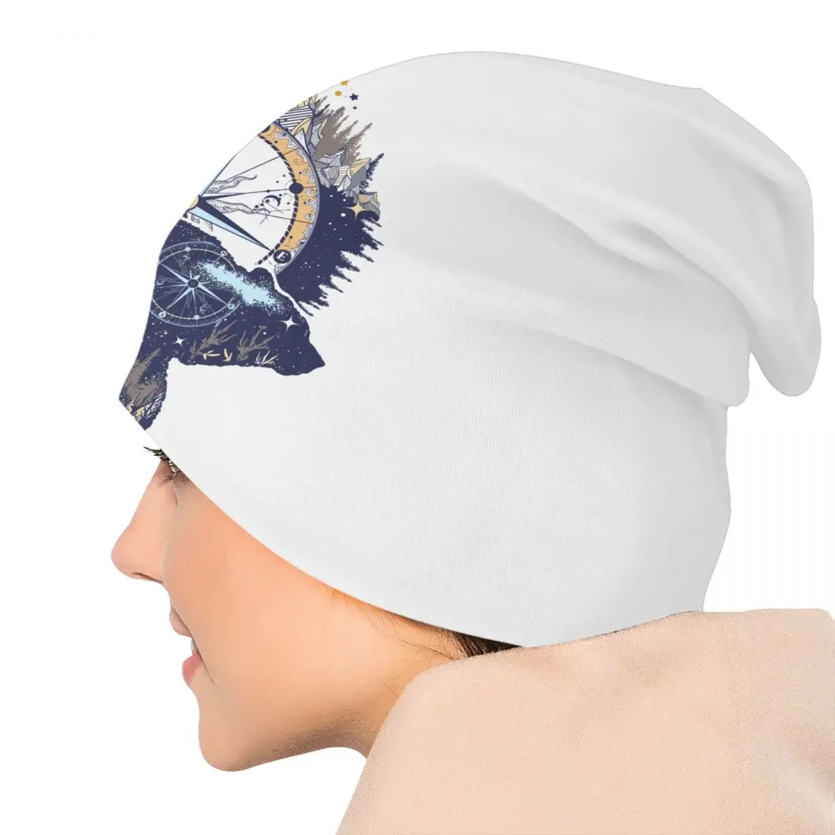 Custom Bear And Mountains Adventure Compass Skullies Beanies Caps Men Women Unisex Trend Winter Warm Knit Hat Adult Bonnet Hats