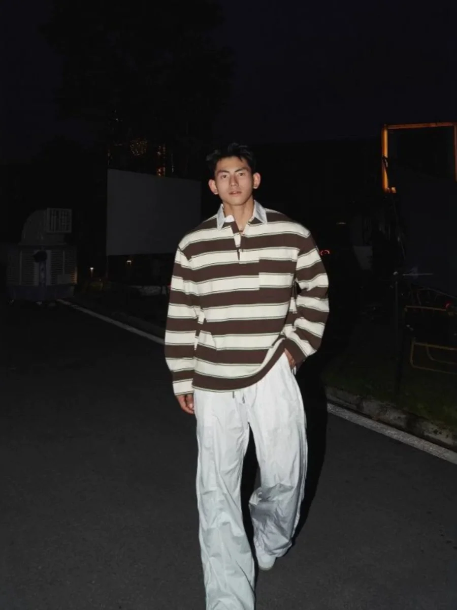

American Retro Patchwork irt Striped Color Blo Long Sve Loose Casual Sle for Men Trendy Loose Fit Top