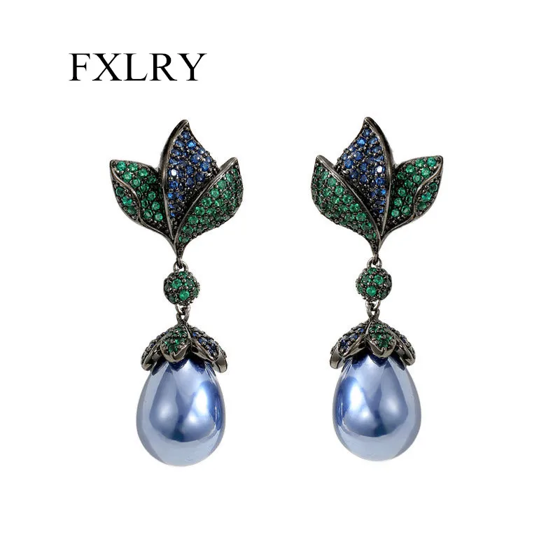 FXLRY s925 Silver Needle French Elegant Inlaid zircon Flower Drop Pearl Earrings For Women Wedding Bridal Jewelry