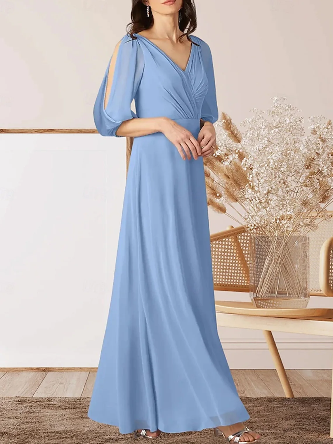 

Elegantconcise A-Line Chiffon Prom Dress V Neck Floor Length Half Sleeve Solid Color Formal Evening Gown 2025 free customized
