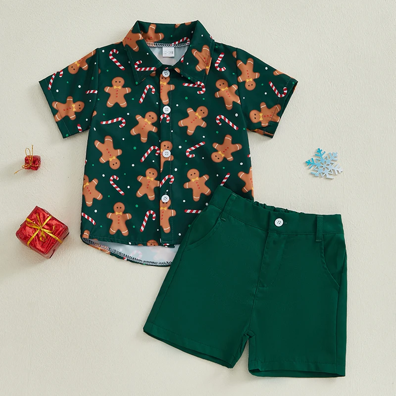 Little Boy Christmas Set Santa Button-up Short Sleeve Lapel Neck Tops Shorts Outfit