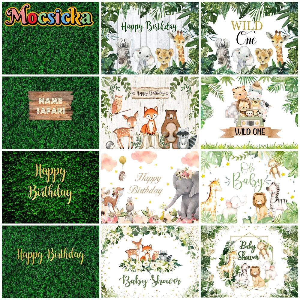 

Mocsicka Jungle Safari Background Photography 1st Birthday Party Decor Baby Shower Green Leaf Wall Wild One Child Photo Backdrop