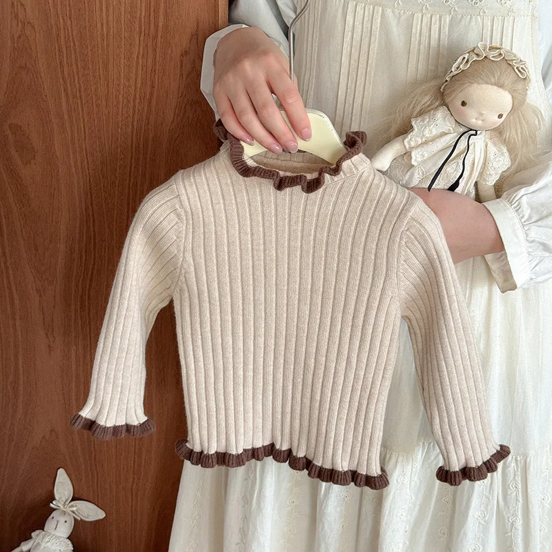 الفتيات سترة طويلة الأكمام الخريف الشتاء جديد نصف الياقة المدورة الدانتيل قاعدة ملابس داخلية البلوز Kawaii ملابس الأطفال