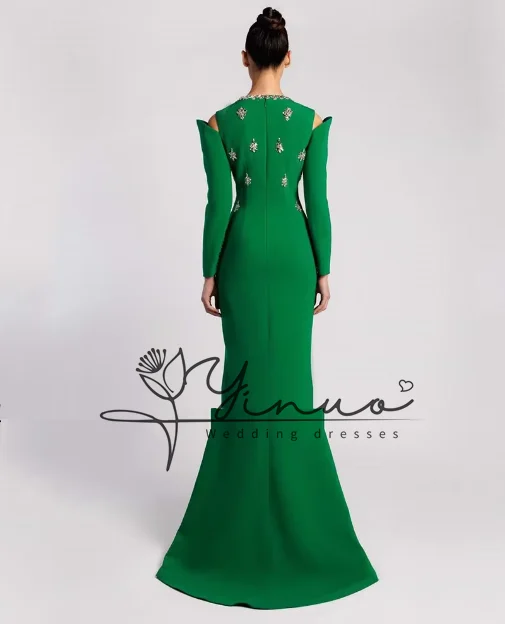 Stone Prom Dress Jewel Neck Long Sleeve Crystal Front Slit Sweep Train Saudi Arab Evening Dresses Mermaid Party Gown