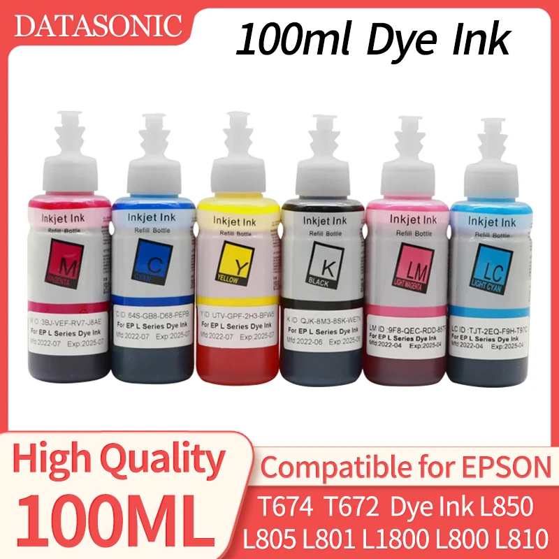 4pcs/6pcs 674 Ink For Epson L805 L801 L1800 L800 L810 L850 R330 R230 270 1390 T50 Printer Filling Continuous Supply Ink Dye Ink