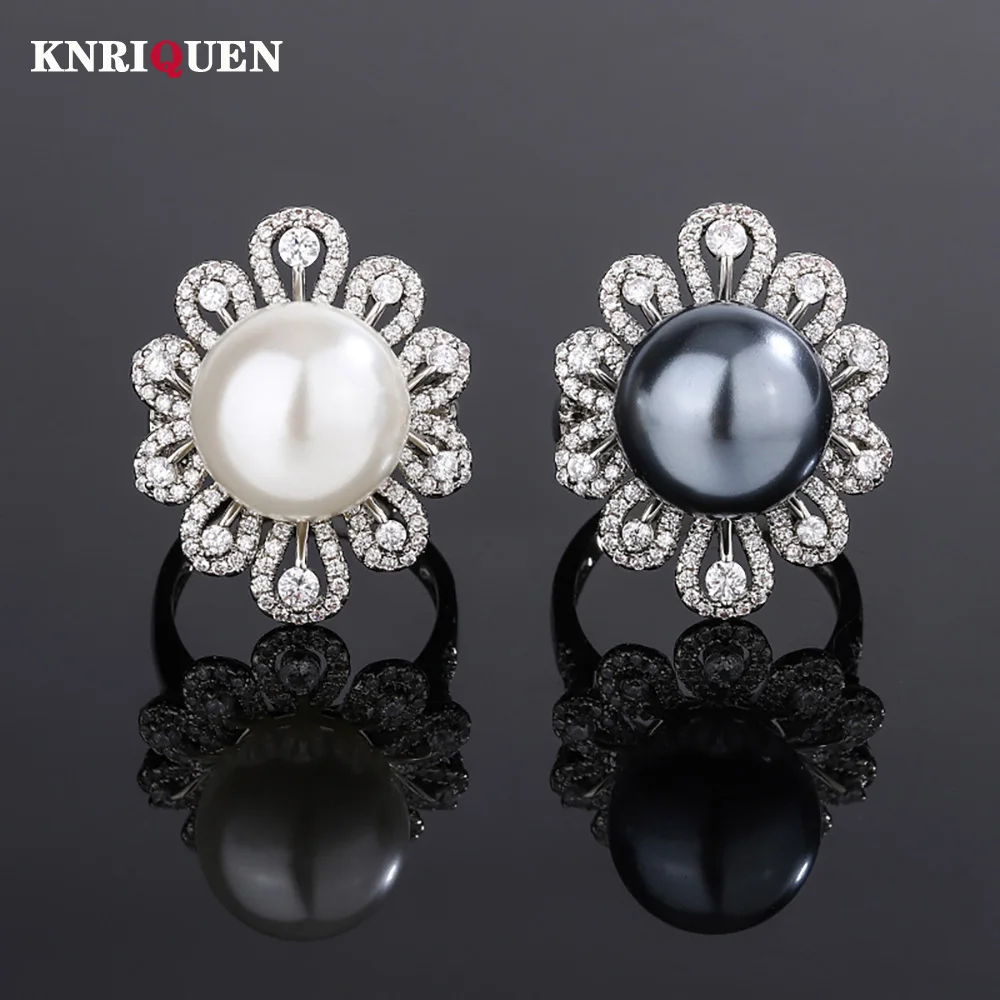 

2023 New 14MM White Black Big Pearl Adjustable Flower Rings for Women Lab Diamond Cocktail Party Fine Jewelry Accessories Gifts