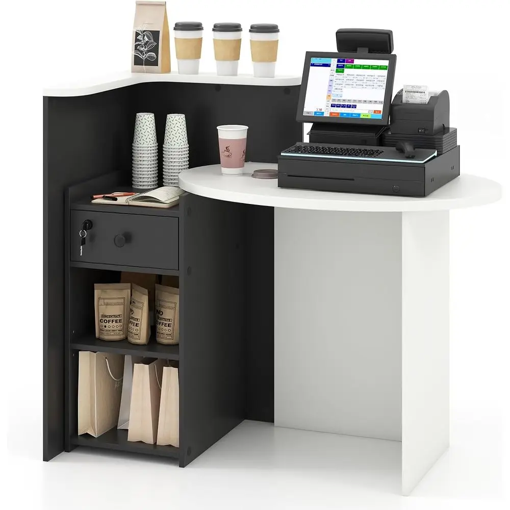 Retion Desk, ront Counter Desk with Lockable Der, Checkout Table with Round Tabletop, Shel & Adjustable Shel or Oice Beauty Sn R