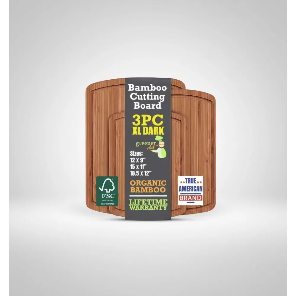 

Organic Bamboo Cutting Board Set of 3 - Large Kitchen Prep Boards for Vegetables, Meat & Charcuterie - Professional & Home Chefs