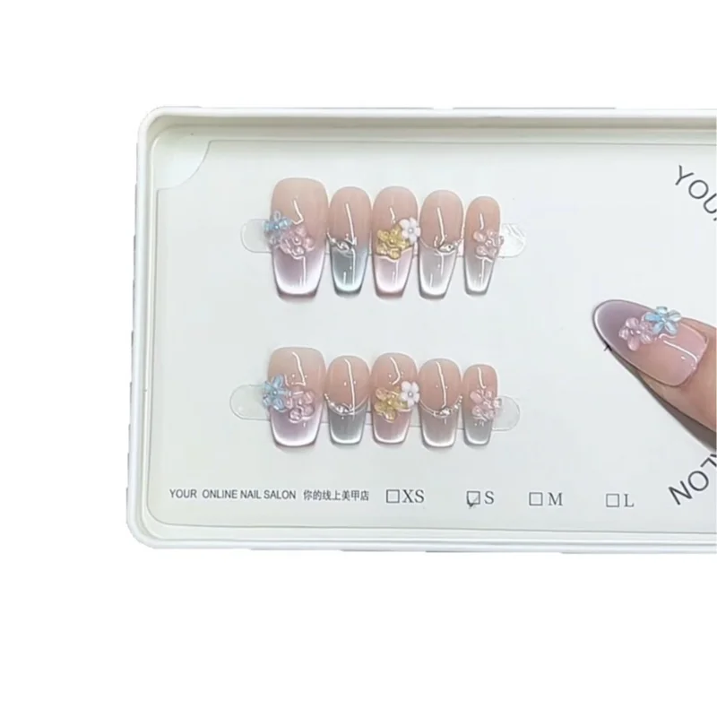 

Handmade phototherapy wearing nail three-dimensional hand-painted crystal flower cat's eye nail patch