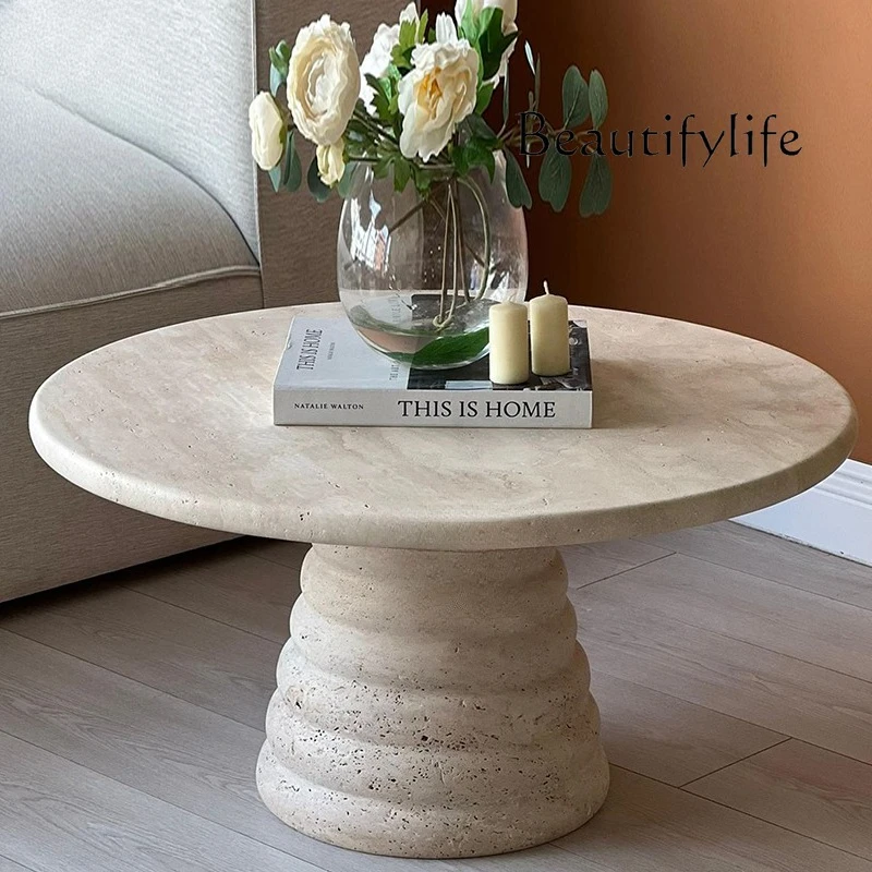 

French light luxury natural travertine high-end coffee table living room household marble round small apartment