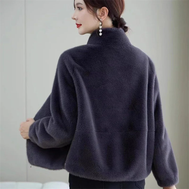 Winter Women Double Sided Zipper Fur Coat Korean Female Stand Collar Plush Tops Outwear Autumn Lady Long Sleeves Faux Fur Jacket