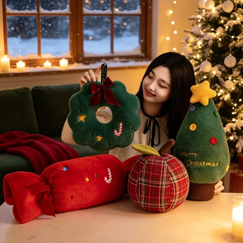 Christmas Themed Pillows Apple Xmas Tree Garland Wreath Candy Stuffed Plush Sofa Cushion Waist Support Merry Christmas Decor