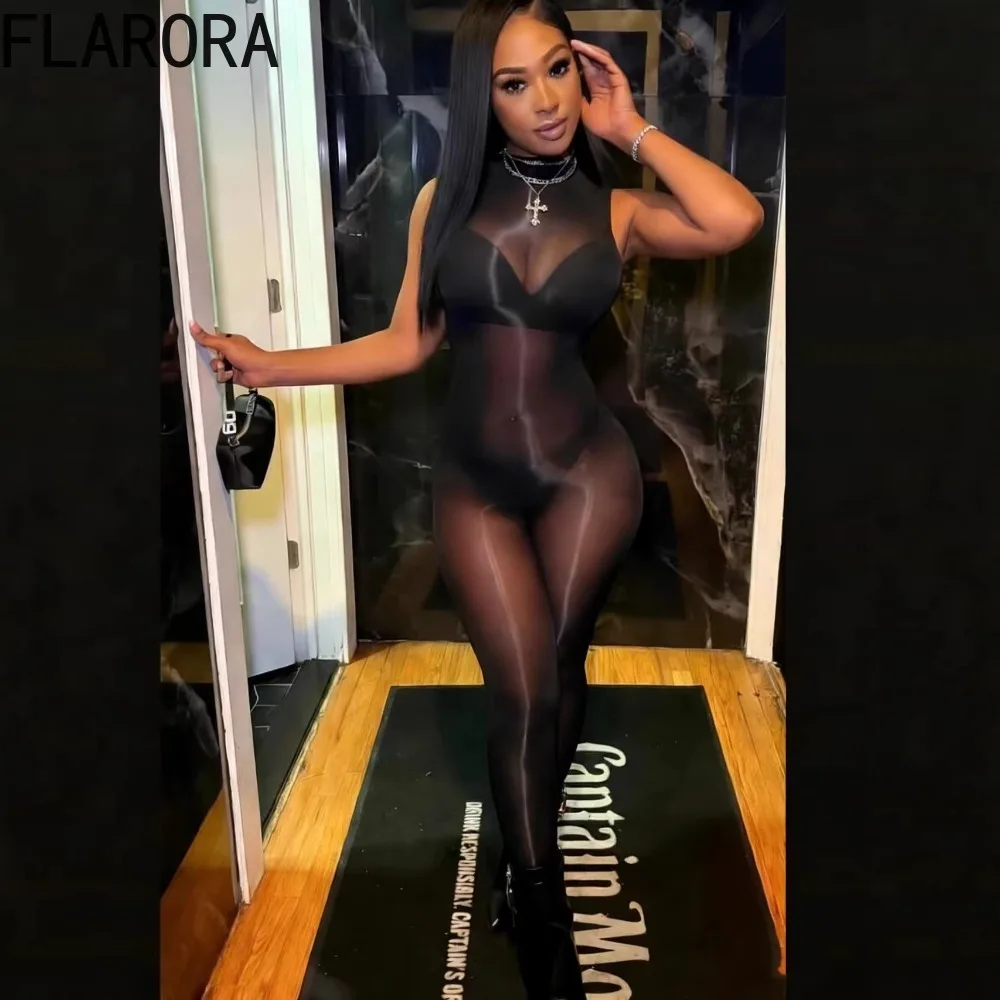

FLARORA Sexy Mesh Perspective Jumpsuit Woman Wild Round Neck Sleeveless Skinny One Piece Playsuit Midnight Party Street Overalls