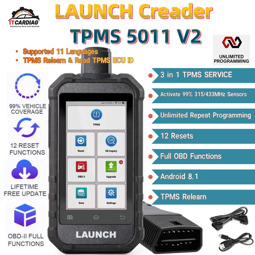 Launch Creader TPMS 5011 V2 Activate 315/433MHZ Tire Pressure Sensors Full OBD Functions & 12 Resets WIFI Upgrade Multi-Language