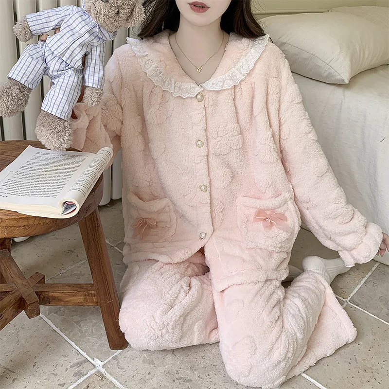 

Autumn Winter Women's Pajama Set Thicken Keep Warm New Homewear Soft Cardigan Sleepwear Coral Fleece Sweet Cute Nightwear Set