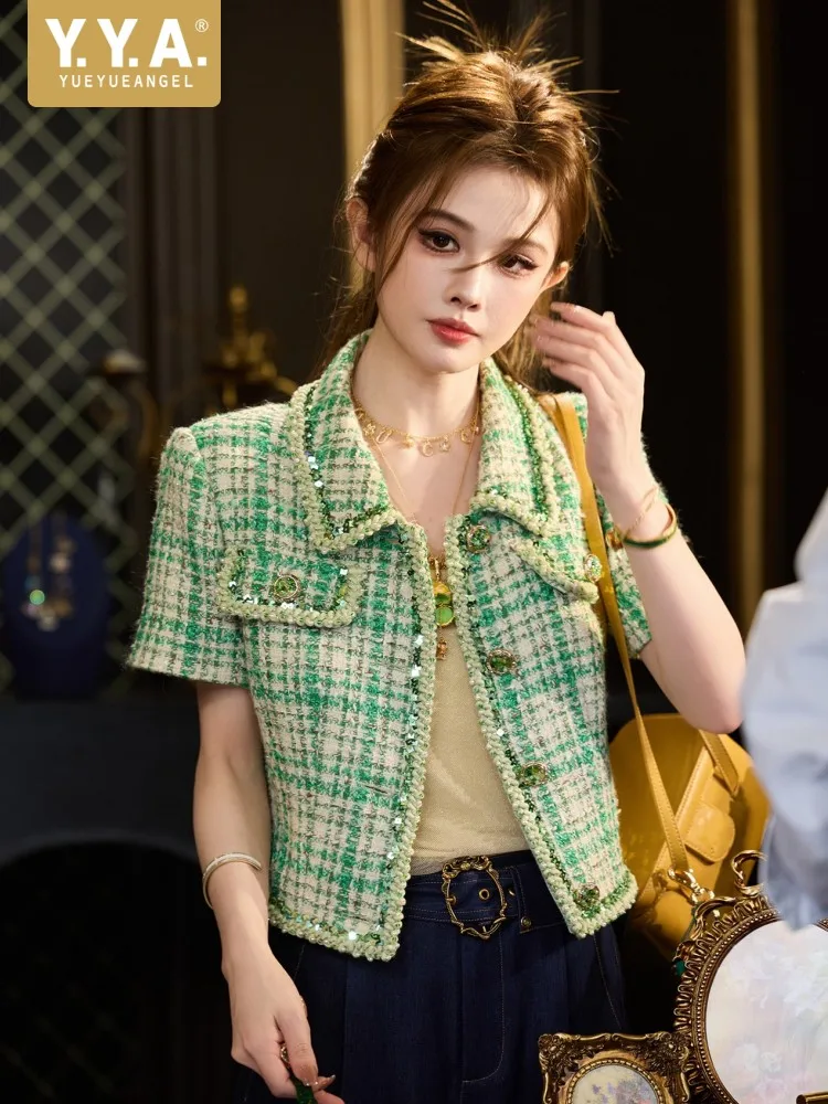 Spring Summer Office Ladies Green Plaid Short Sleeve Tweed Jacket Slim Turndown Collar Sequins Short Coat Single-Breasted Coats
