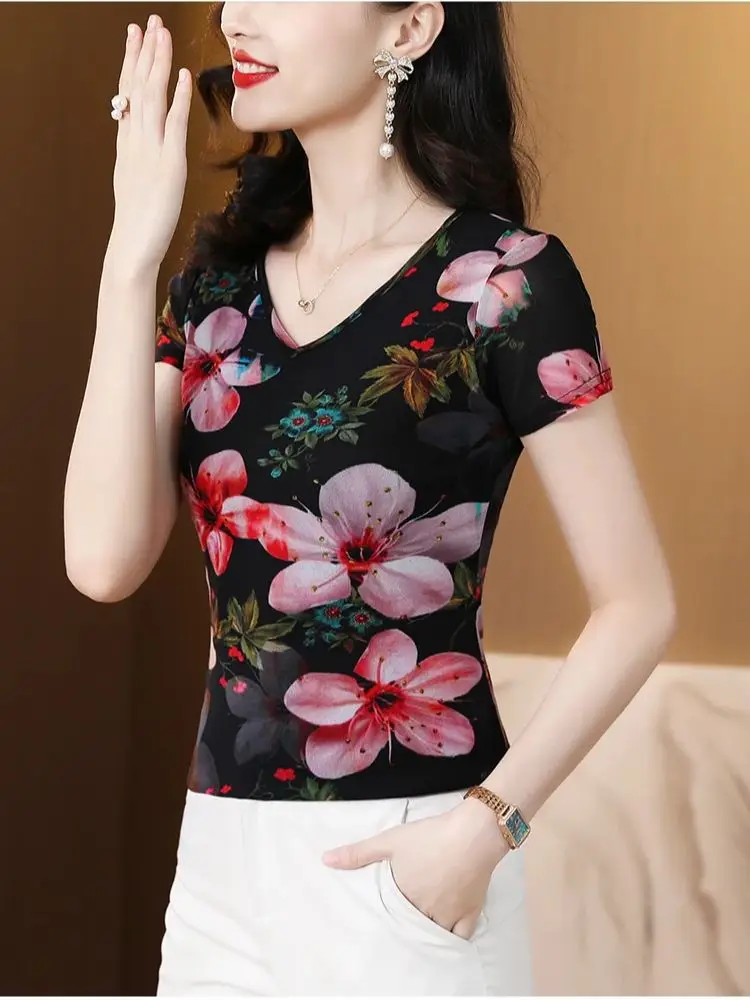 Spring Summer Retro Charming Colorful Printed Flowers Elastic Double Layer Woman T-shirt Short Sleeves V-neck Female Mesh M-4XL