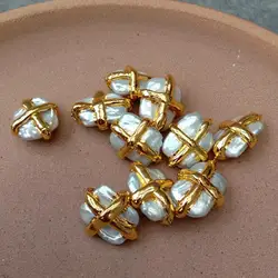 10 Pcs 19x28mm Cultured White Pearl Rectangle Shape Connector Beads Gold Plated Cross For Jewelry Making DIY