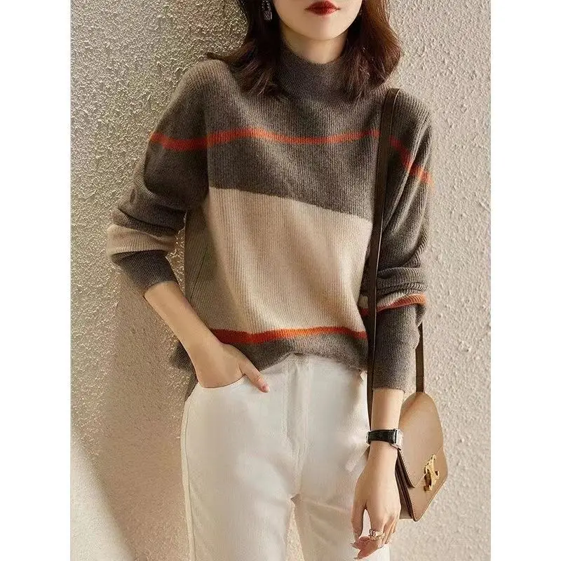 Autumn Winter New Fashion Half High Collar Long Sleeve Pullovers Women\'s Clothing Patchwork Color Blocking Loose All-match Tops