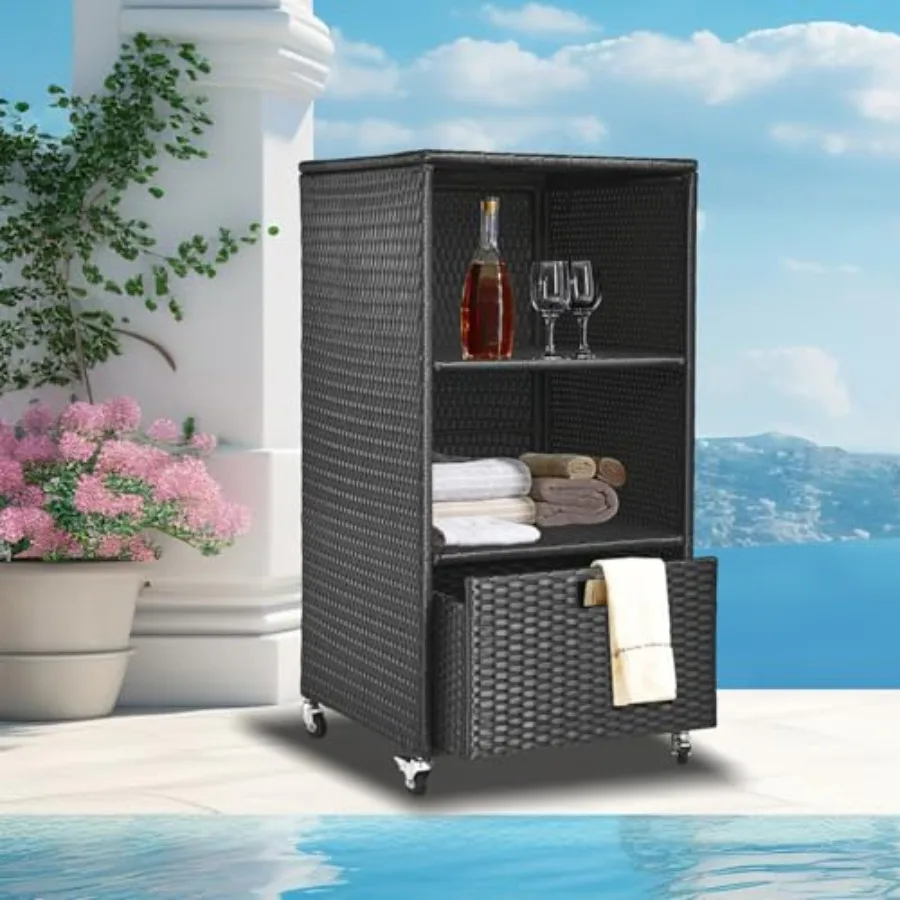 

Outdoor Towel Rack for Pool Outdoor Pool Towel Storage Cabinet with Shelf and Drawer Pool Towel Holder with Rolling Wheels Hot