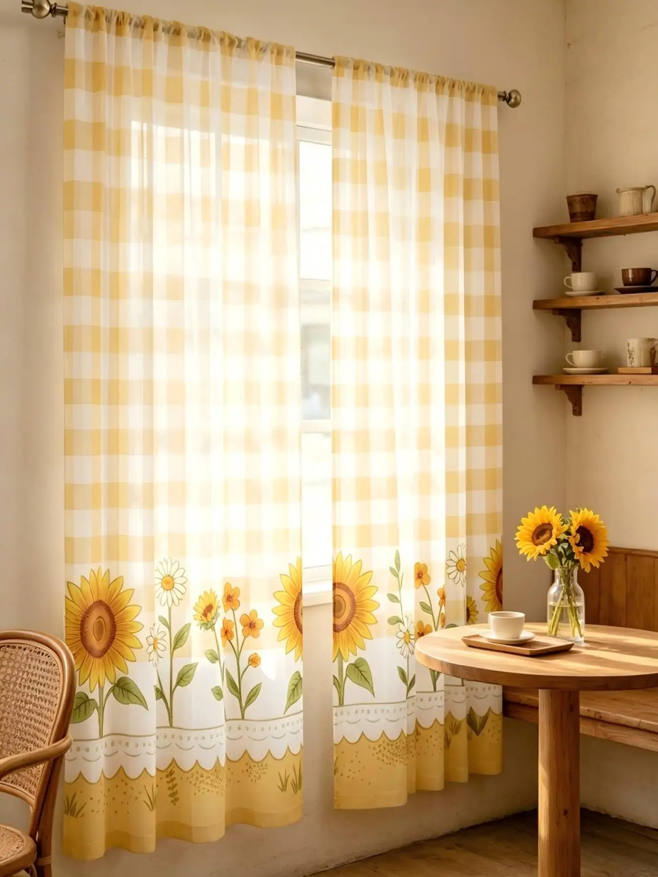 2PCS Digital Print Sheer Curtain, Yellow Plaid Sunflower Summer Floral Window Drapes for Living Room Bedroom Home Decor
