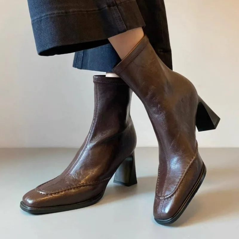 

High Heels Women's Square Toe Ankle Boots Fashion Leather Winter Shoes 2025 Designer New Chelsea Short Boots Dress Party Pumps