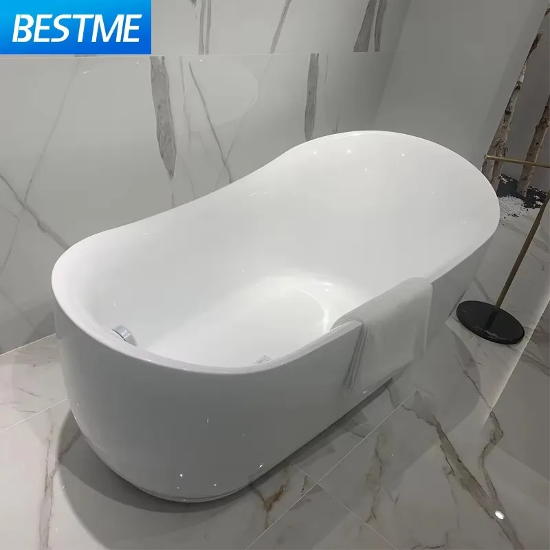 Hotel Family Use Simple White Design Indoor Center Drain Acrylic Freestanding Soak Bathroom Spa Bathtub European Style Bathtubs