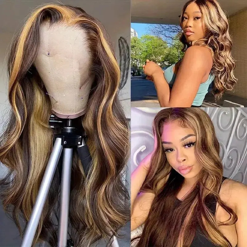 13x4 Body Wave Frontal Wigs Human Hair 250% Density 4/27 Colored Honey Blonde Lace Front Wig for Women 32 Inch Honey Wigs