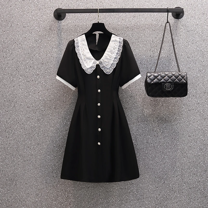 2024 Black Patchowrk Lace Embroidery Doll Collar Midi Dress Summer New Fashion Beading Elegant Dress Women Korean Vintage Dress