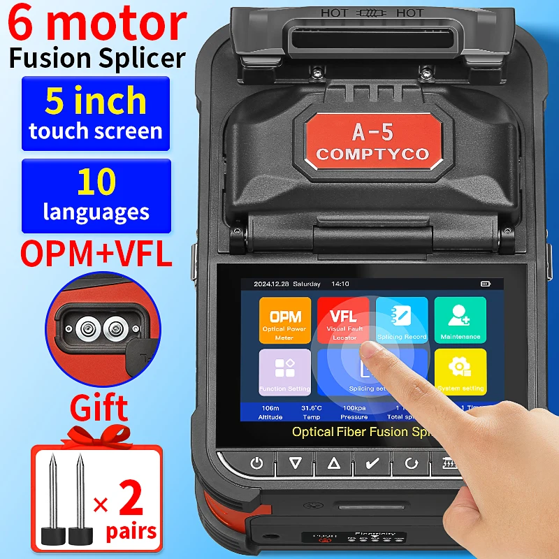 COMPTYCO A-5/FS-60F/AUA-70F Optical Fiber Fusion Splicer 6 Motors Touch Screen Fiber Optic Heat Fusion Machine Built-in VFL OPM