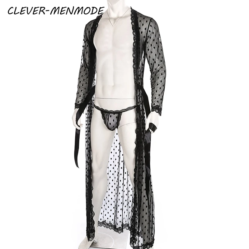 

CLEVER-MENMODE Sexy Lingerie Lace Sheer Robe Long Bathrobe Nightwear Erotic Hollow Out Men Dressing Sleepwear with Lace Thong