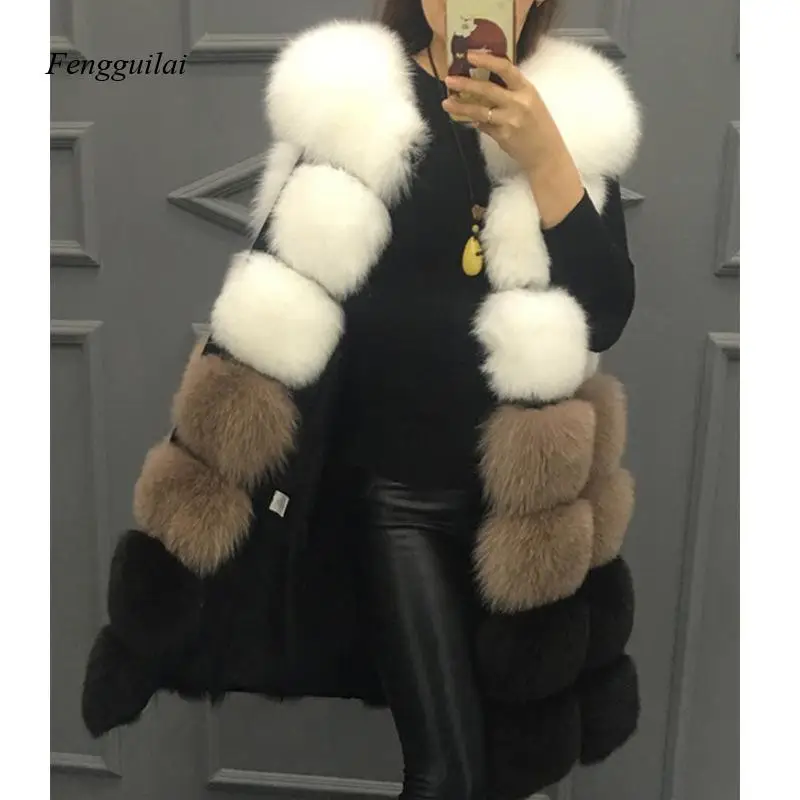 Women's Luxury Faux Fur Vest - Color Block Sleeveless Fur Gilet with Gradient Fur Balls for Winter