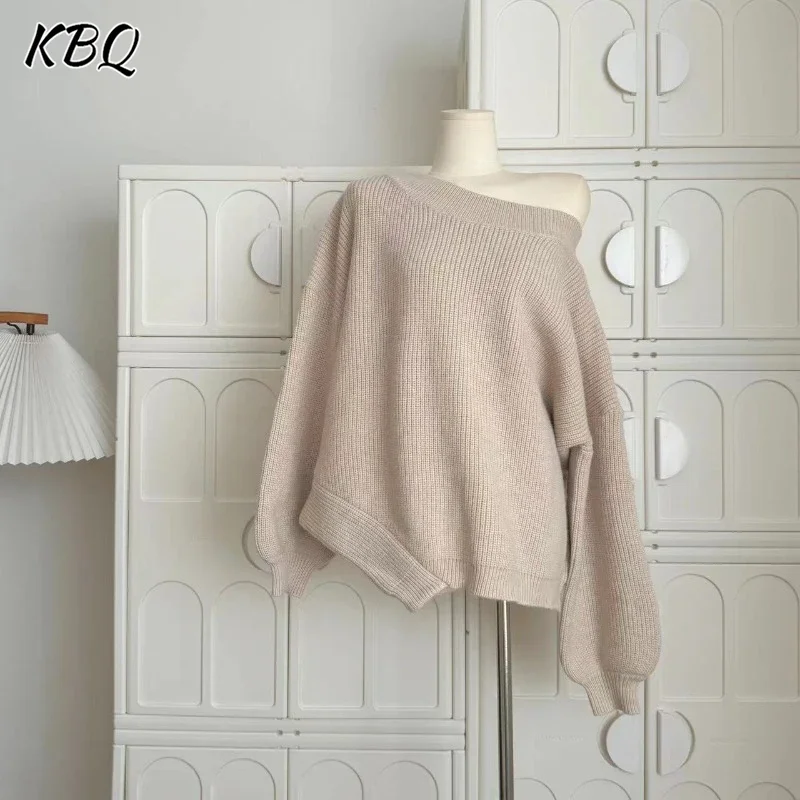 KBQ Minimalist Loose Pullover Knitting Sweater For Women Diagonsl Collar Off The Shoulder Sleeve Casual Warm Sweater Female New